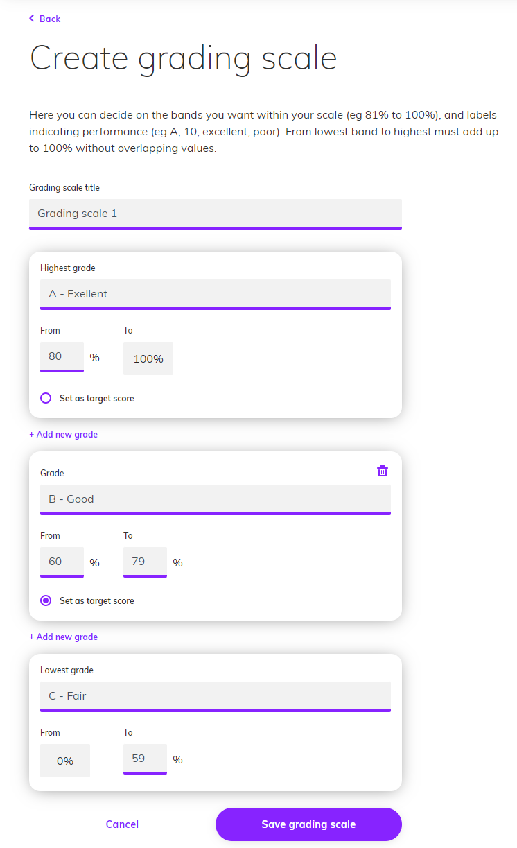 Screenshot showing the 'Create grading scale' page and the 'Save grading scale' button