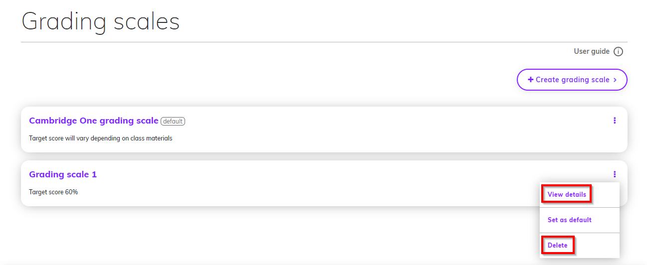 Screenshot of the three dot menu of a grading scale highlighting the 'View details' and 'Delete' buttons