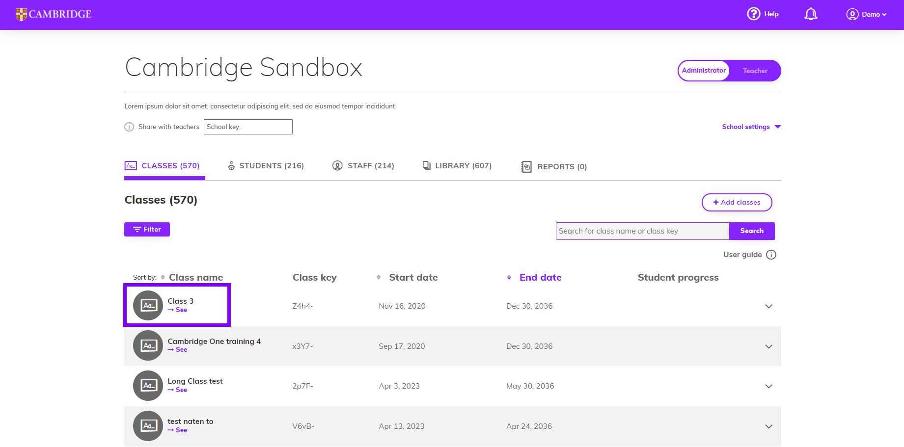 Screenshot highlighting a class on the administrator dashboard