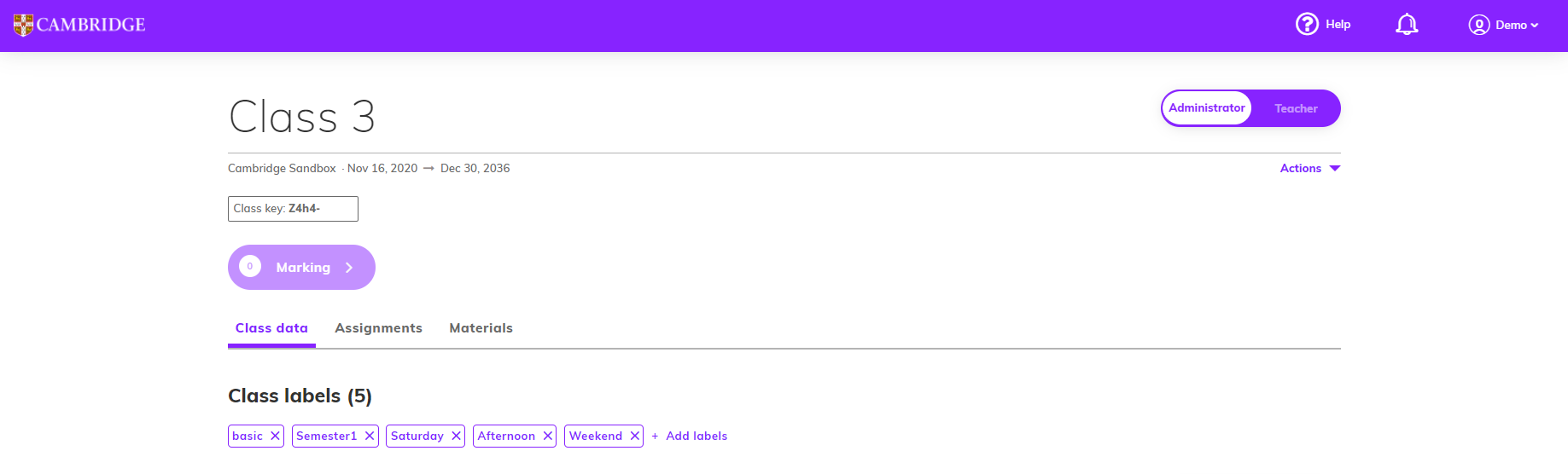 Screenshot displaying the list of labels assigned to a class
