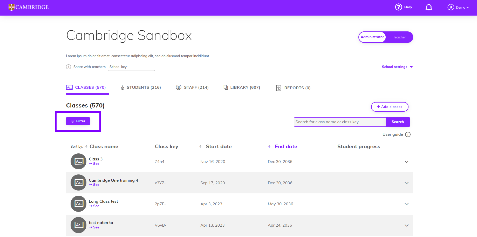 Screenshot of the administrator dashboard, the 'Filter' button is highlighted