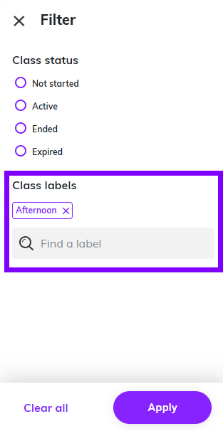 Screenshot showing the filter menu, highlighting the label search bar