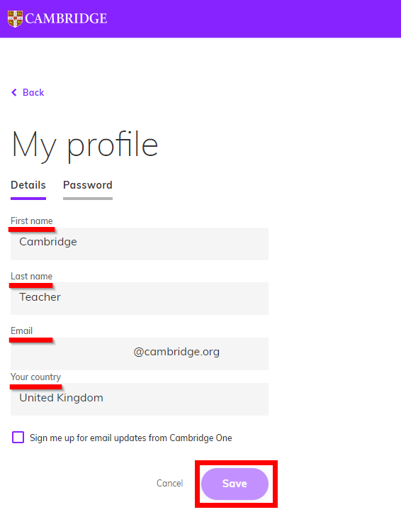 How can I update my personal details on Cambridge One - Teacher - Step 3.png