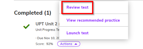 Screenshot showing the 'Actions' dropdown menu with the 'Review test' option highlighted
