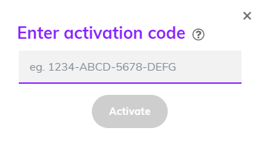 Screenshot showing the activation code entry field where users input their 16-character code