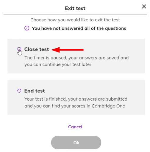 Screenshot showing the 'Exit test' window highlighting the 'Close test' option
