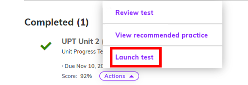 Screenshot showing the 'Actions' dropdown menu with the 'Launch test' option highlighted
