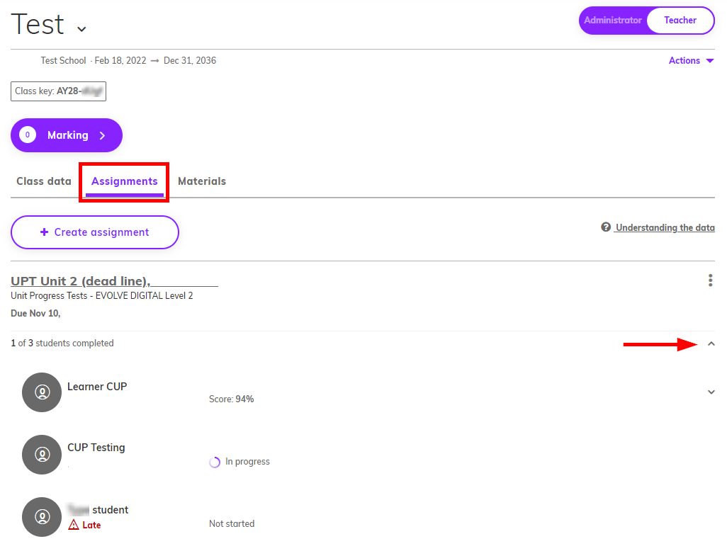 Screenshot of the assignments tab highlighting the arrow used to expand it