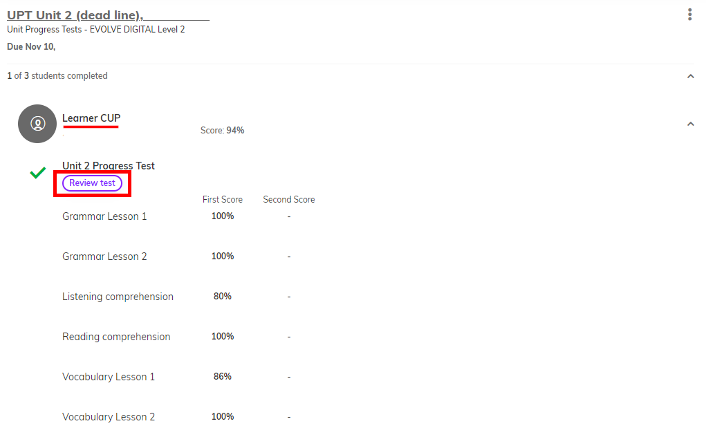 Screenshot highlighting the 'Review test' button