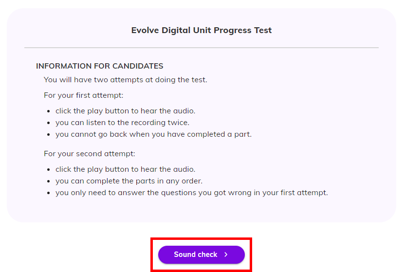 Screenshot showing the instructions for the candidates with the 'Sound check' button highlighted
