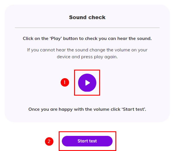Screenshot showing the 'Sound check' screen, highlighting the 'Play' button as a first step, then the 'Start test' button