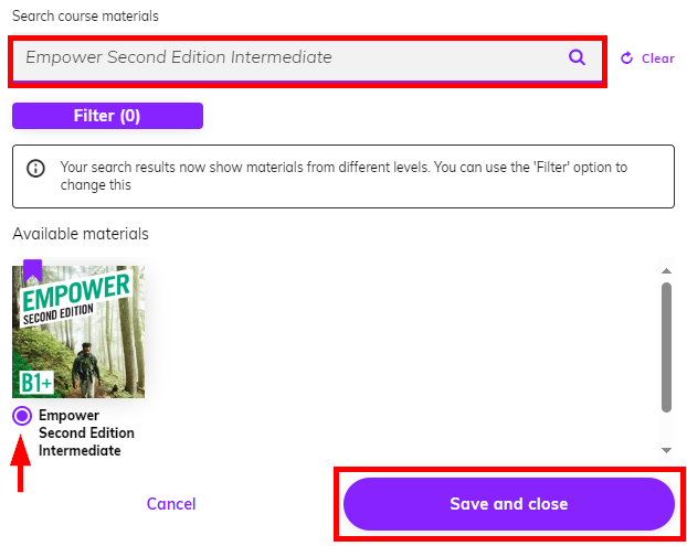 Screenshot highlighting the search bar, a material selected as well as the 'Save and close' button