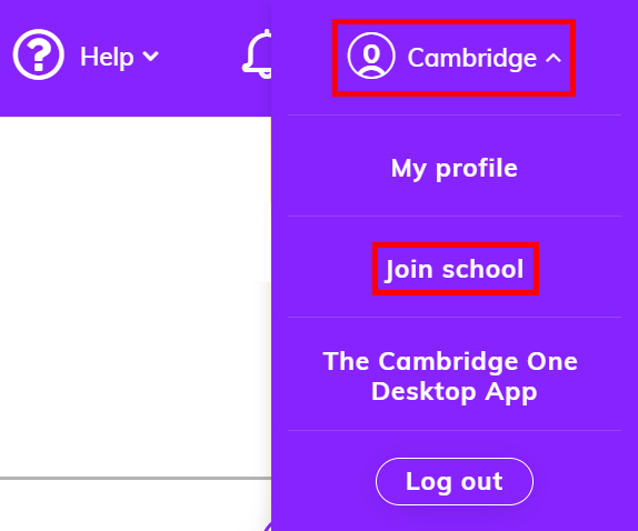 Screenshot showing the user profile menu with the profile icon selected in the top right corner, highlighting the 'Join school' option