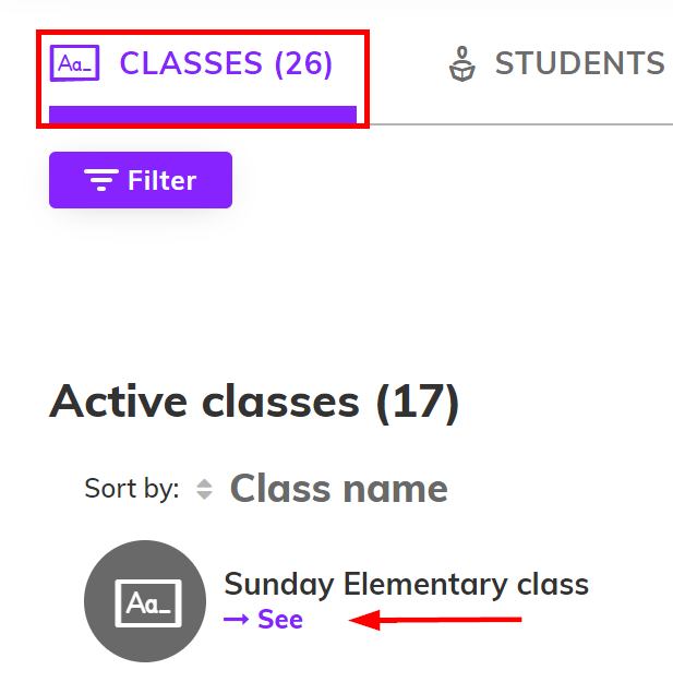 Screenshot highlighting the 'Classes' tab and pointing out the 'see' button