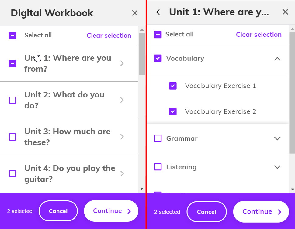 Screenshot showing the full Unit 1 box ticked on the left and specific activity boxes ticked on the right, the 'Continue' button is visible