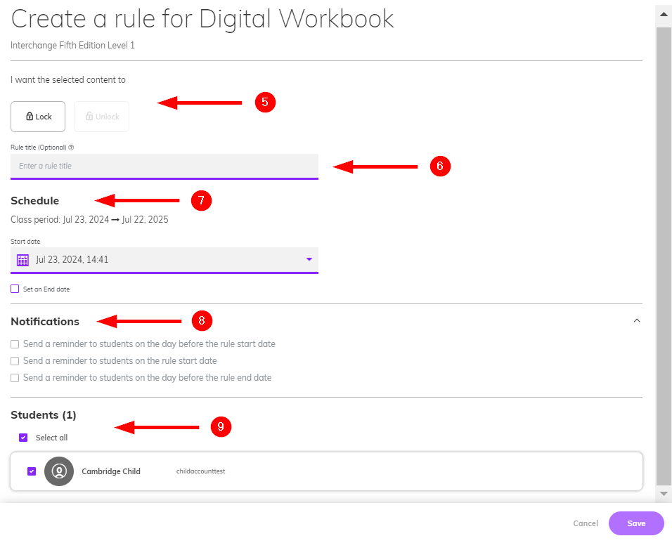 Screenshot labeling each element on the 'Create rule' page with corresponding numbers