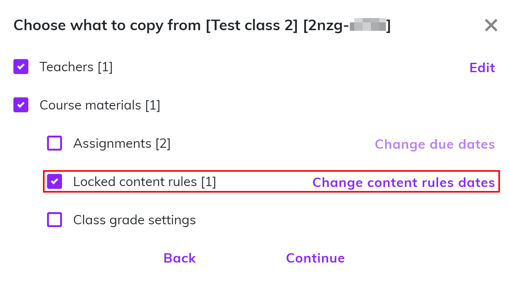 Screenshot showing the “Change dates of content rules” on the class view screen, the 'Locked content rules' box is ticked