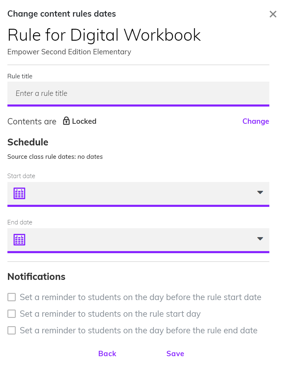 Screenshot showing fields available when creating a content rule