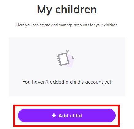 Screenshot showing the parent dashboard with the '+Add child' button highlighted