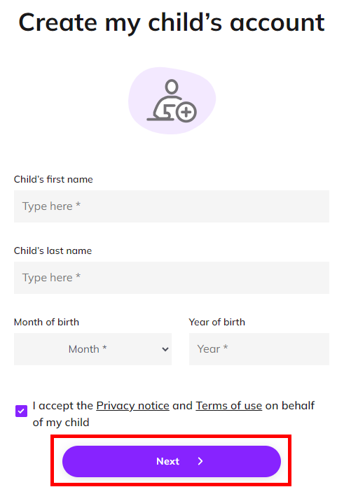 Screenshot showing the form to enter the child's name and birth details with the 'Next' button highlighted