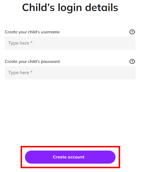 Screenshot showing the Child's login details screen with the 'Create account' button highlighted
