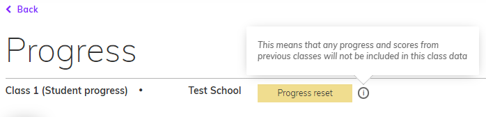 Screenshot showing the student progress screen with the 'Progress reset' tag and a tooltip with the explanation