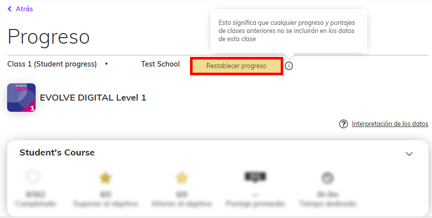 Captura de pantalla de la página de progreso que resalta la etiqueta 'restablecer progreso'