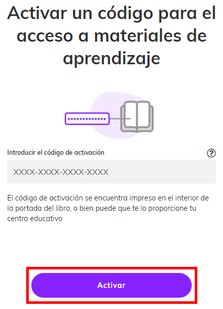 Captura de pantalla que muestra el campo para ingresar el código de activación de 16 caracteres, resaltando el botón 'Activar'