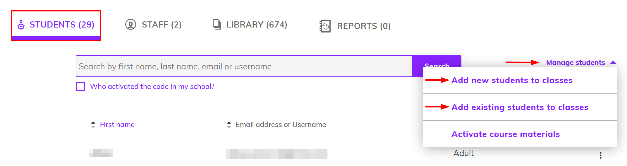 Screenshot of the 'Students' tab with the 'Manage students' menu opened pointing the options for adding new or existing students