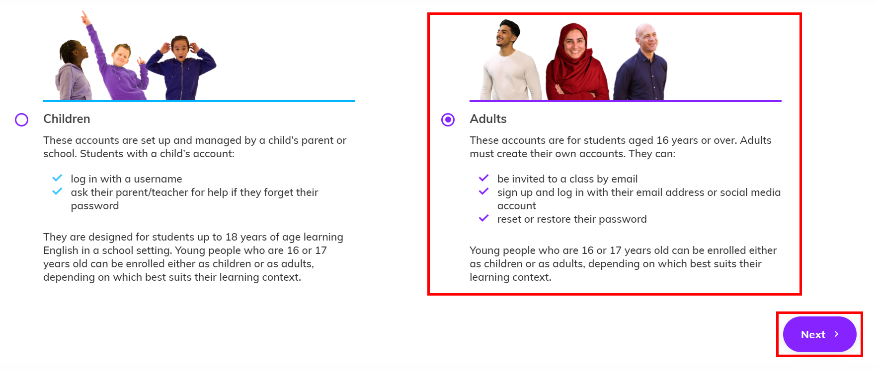 Screenshot showing the selection of 'Adults' in the student type options, to add students aged 16 or older and highlighting the next button