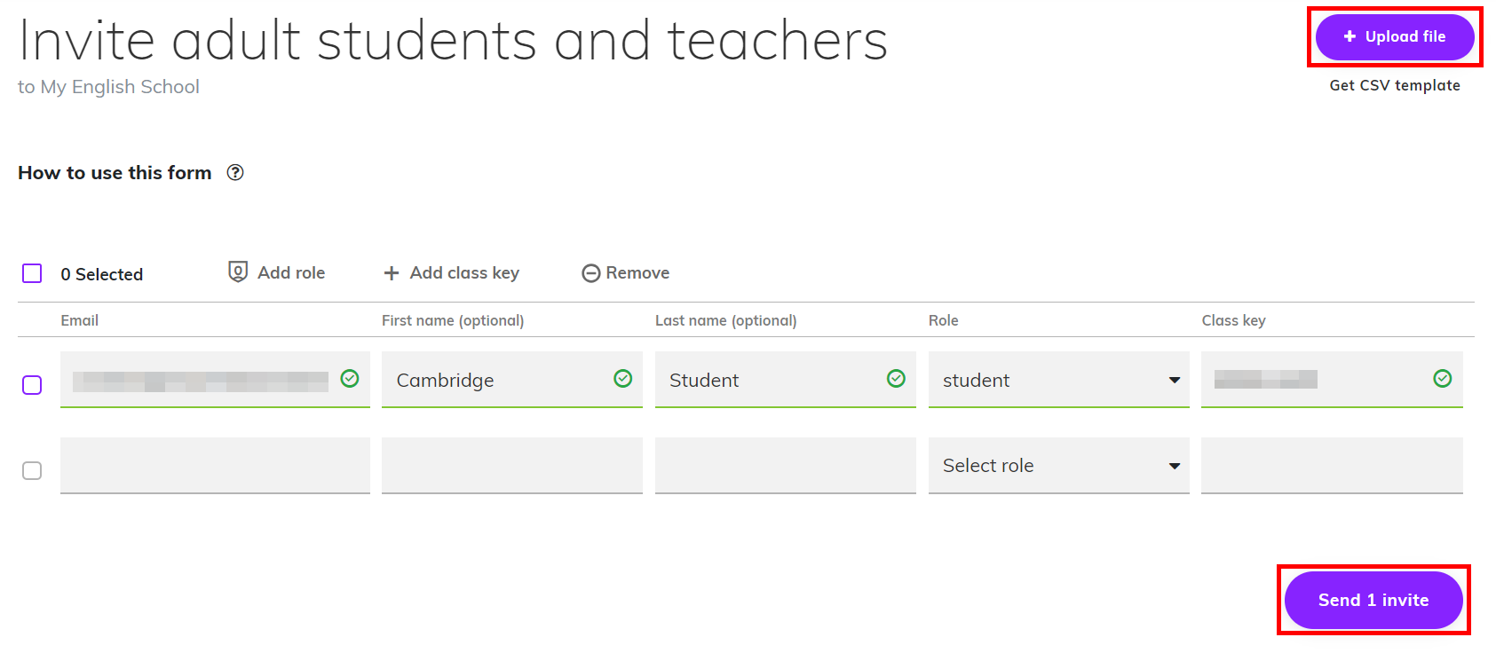 Screenshot highlighting the ‘Upload file’, and ‘Send invite’ buttons