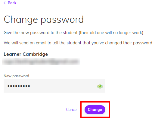 Screenshot showing the 'Change password' dialog box with the 'Change' button highlighted