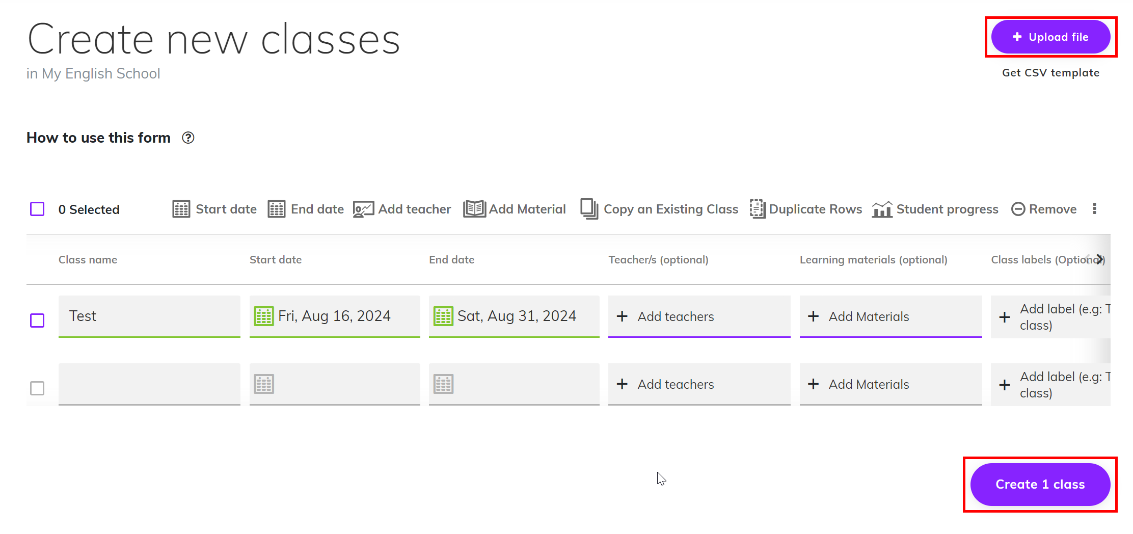Screenshot of the 'Create new classes' page, the '+ Upload file' button is highlighted, Button Create 1 class is highlighted