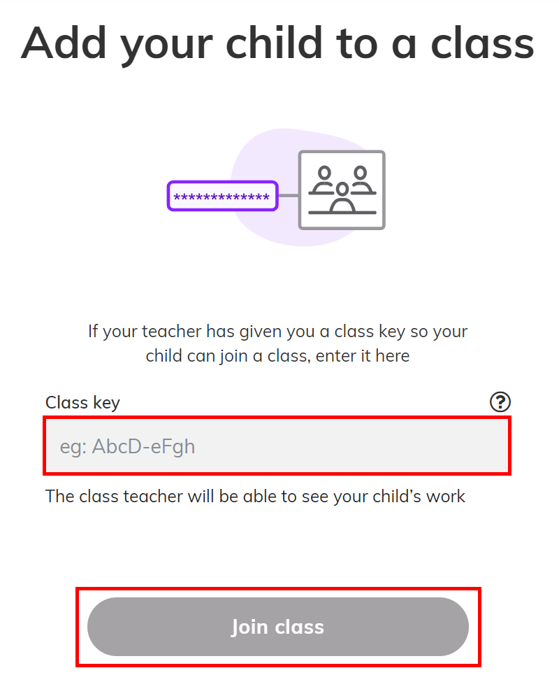 Screenshot showing the 'Add your child to a class' page with the 'Class key' field and the 'Join class' button highlighted