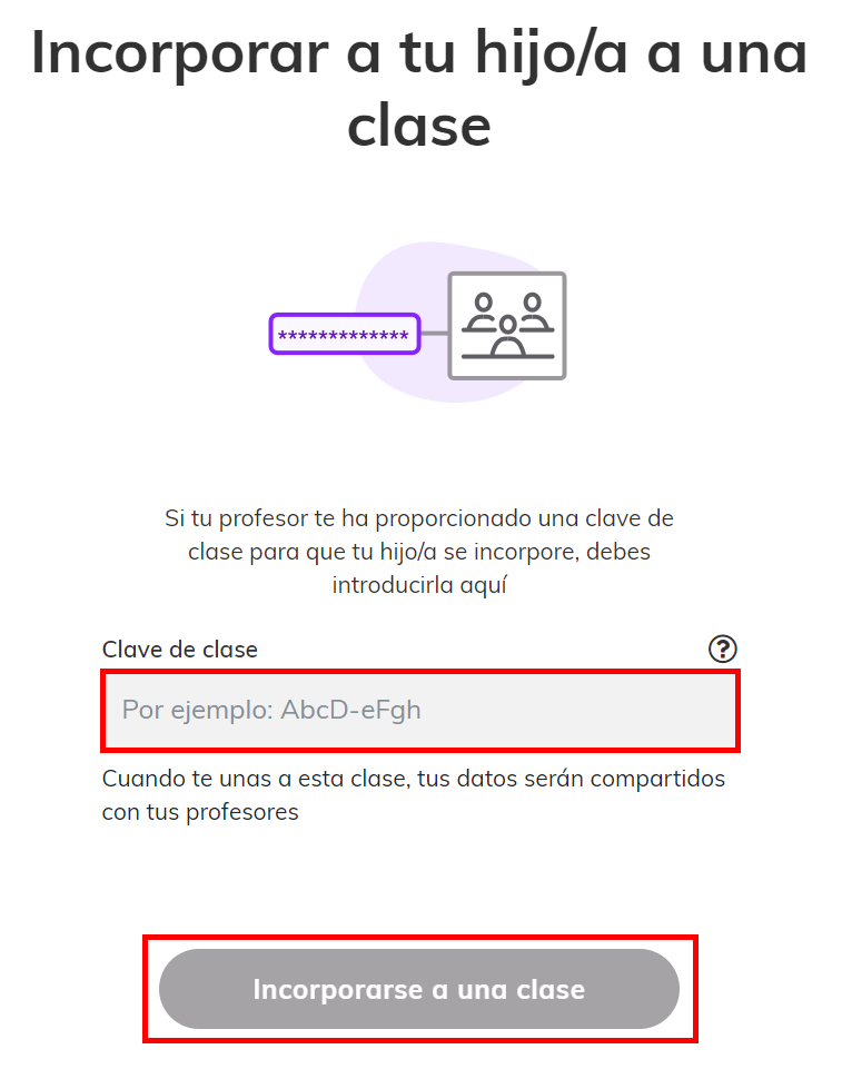 Captura de pantalla de la página 'Incorporar a tu hijo a una clase' el campo para la clave de clase y el botón 'Incorporarse a una clase' están resaltados