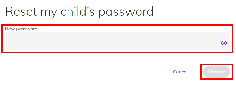Screenshot of the password reset screen, highlighting the 'Change' button and new password field