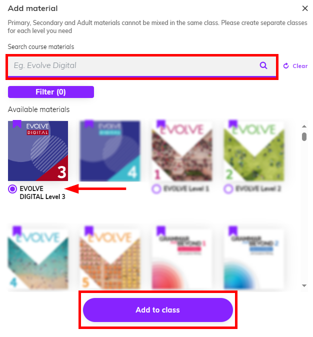 Screenshot highlighting the search bar, the material selected as well as the 'Add to class' button