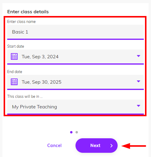 Screenshot showing the class name start and end date and the school field