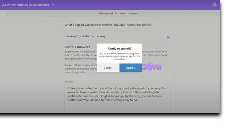 Screenshot showing a writing activity with the 'Submit' button highlighted