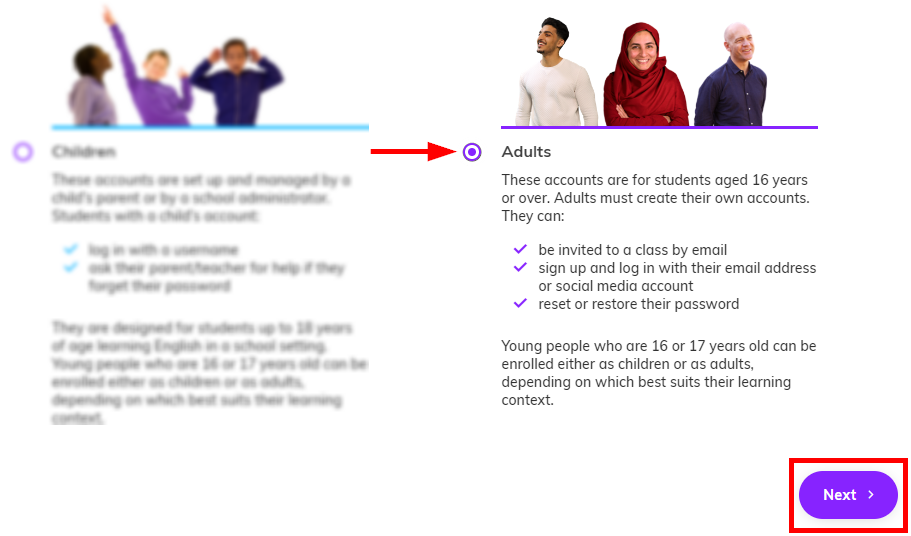 Screenshot with 'Adults' selected the 'Next' button is highlighted