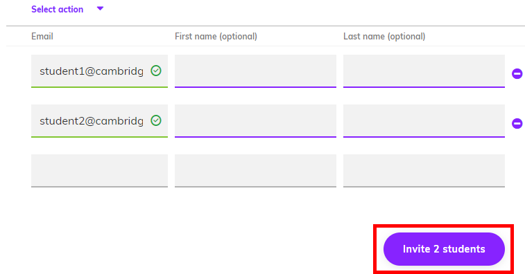 Screenshot showing the uploaded accounts and highlights the 'Invite number of students' button