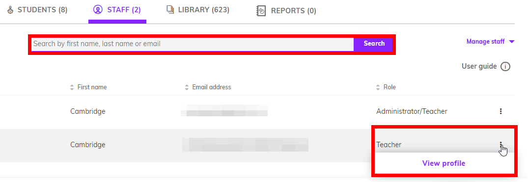 Screenshot of the 'Staff' tab, the search bar and the three dot menu and the 'View profile' option are highlighted