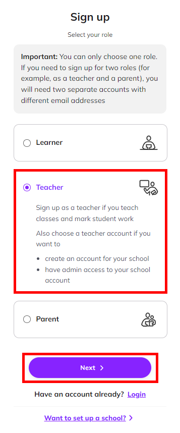 Screenshot showing the 'Sign up' page with the 'Teacher' option selected, and the 'Next' button highlighted
