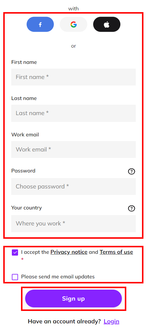Screenshot showing the options to register, a box ticked to accept the privacy notice and the terms of use, and highlighting the Sign up button