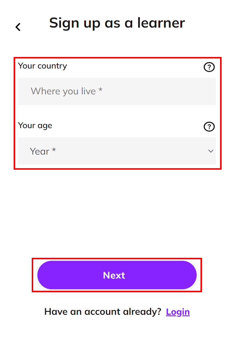 Screenshot showing the registration form highlighting the country field age field and 'Next' button