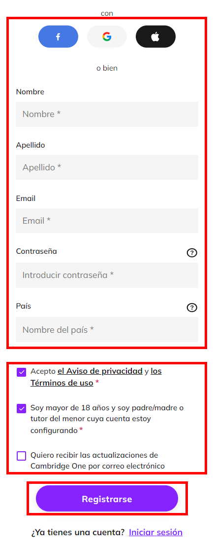 Captura de pantalla que muestra las opciones para registrarse, las casillas marcadas para aceptar el aviso de privacidad y los términos de uso, y el botón 'Registrarse' resaltado