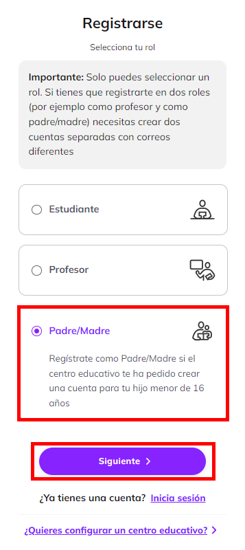 Captura de pantalla que muestra la página 'Registrarse' con la opción de 'Padremadre' seleccionada y el botón 'Siguiente' resaltado