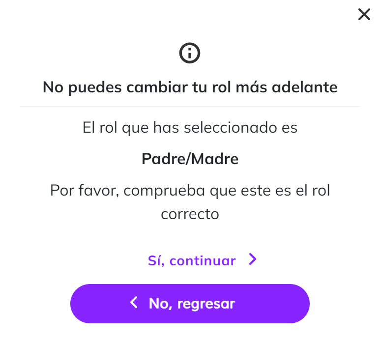 Captura de pantalla del mensaje de confirmación del rol de 'Padremadre'