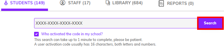 Screenshot showing the code entry field with the 'Search' button selected