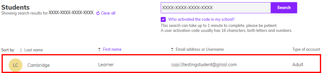 Screenshot showing the search results displaying the student's information